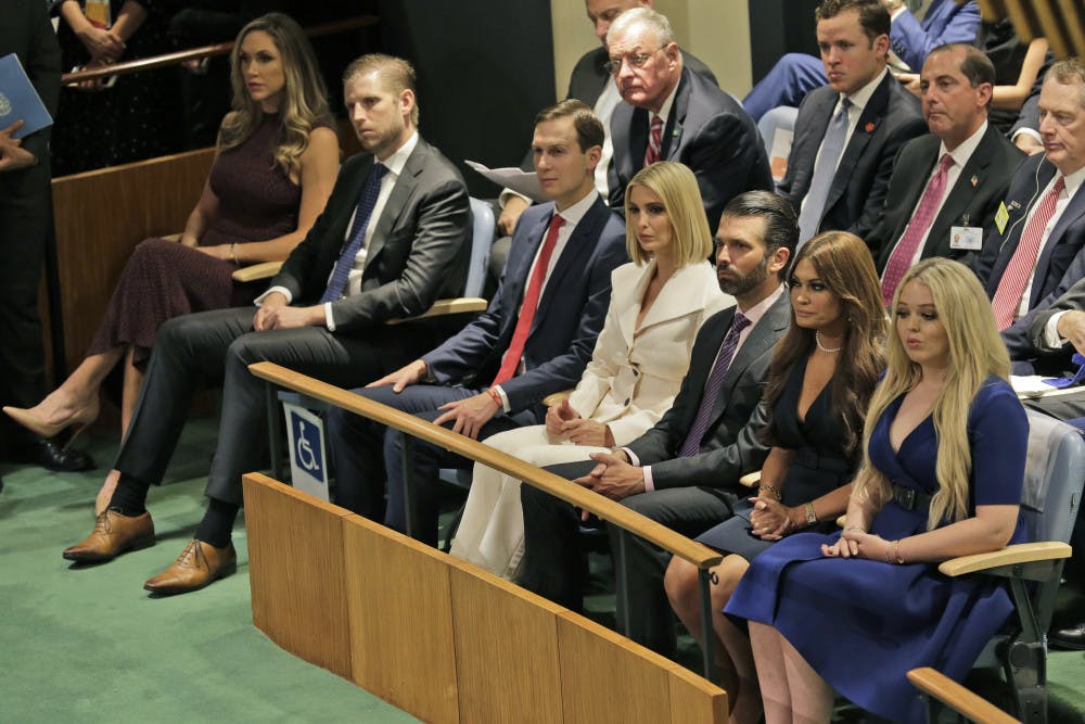 <p>Members of U.S. President Donald Trump's family and others listen to him speak during the 74th session of the United Nations General Assembly at U.N. headquarters Tuesday, Sept. 24, 2019. From right to left, Tiffany Trump, Kimberly Guilfoyle, Donald Trump Jr., Ivanka Trump, Jared Kushner, Eric Trump and Lara Trump. (AP Photo/Seth Wenig)</p>