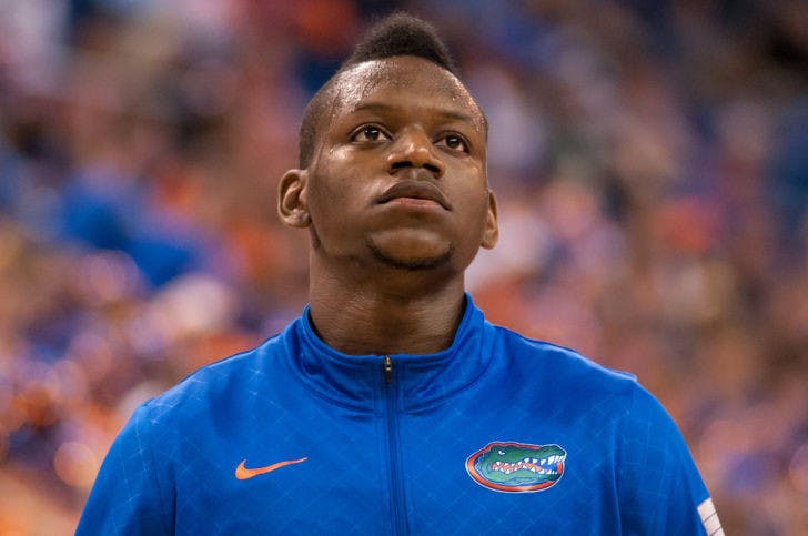 Will Yeguete warms up before Florida’s 67-61 win against Kansas on Dec. 10, 2013, in the O’Connell Center. Yeguete has started all 16 of the Gators’ game this season, averaging 24.3 minutes and 4.9 rebounds per game. After a strong performance against Georgia on Tuesday, Yeguete and Florida will take on Auburn in Auburn, Ala., on Saturday.