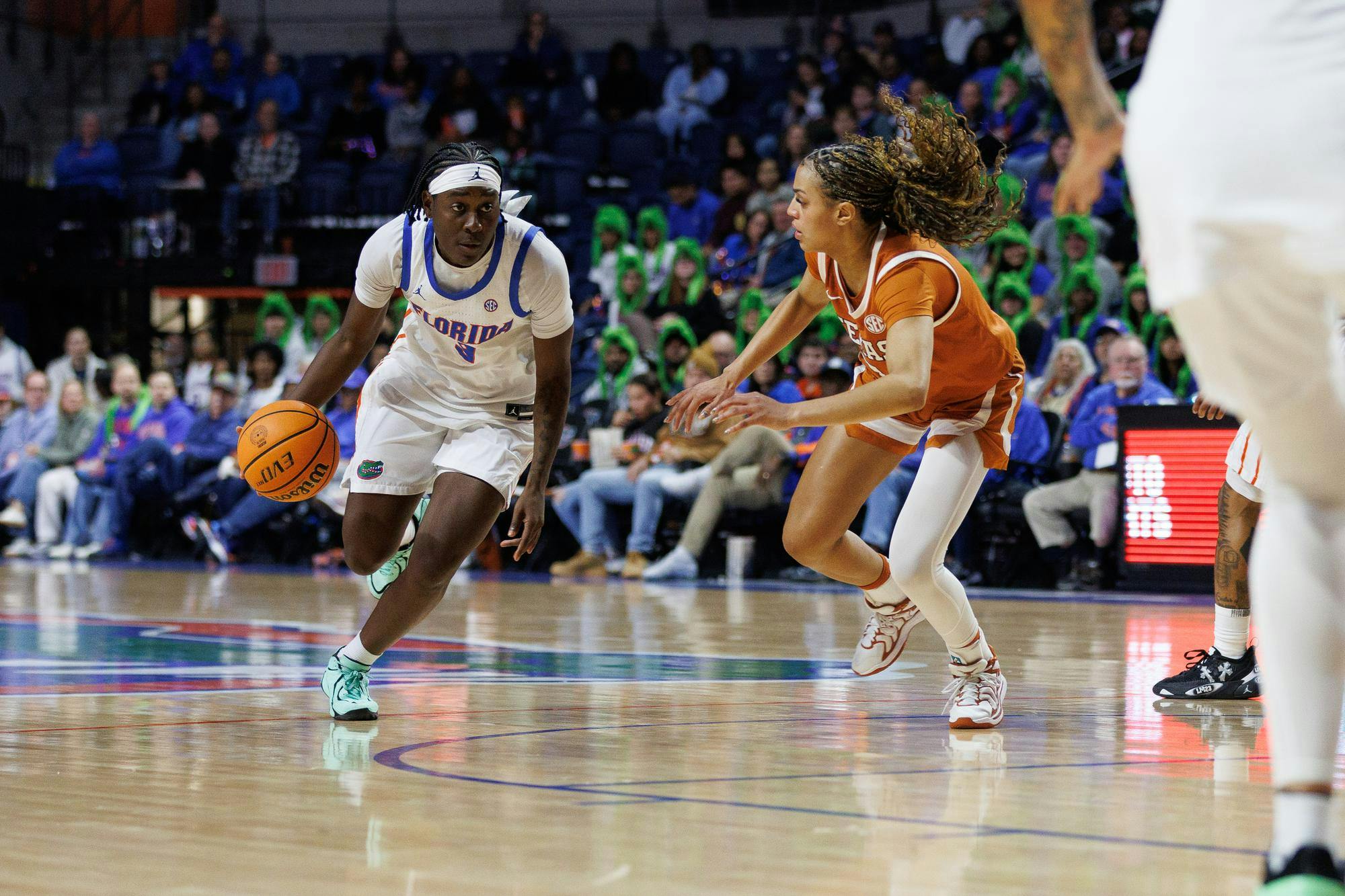Florida guard Alexia Dizeko (9) dribbles during the first half of an NCAA basketball game against Texas, Thursday, Jan. 29, 2026, in Gainesville, Fla.
