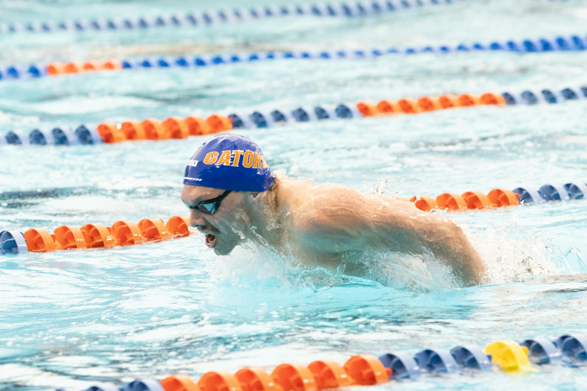 Gators freshman Andrew Taylor during the Florida Gators Swim and Dive meet vs Nova Southeastern on Saturday, February 3, 2024. Photo by Ryan Friedenberg. 
