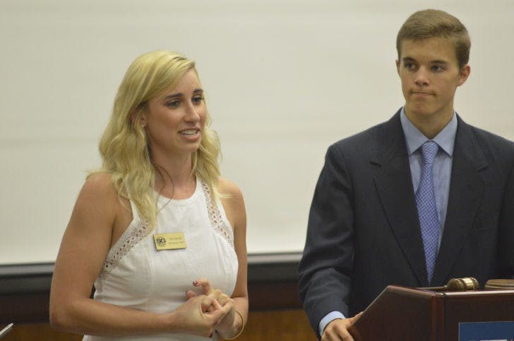 Sen. Leah Miller, chairwoman of the allocations committee, speaks during Tuesday's Student Senate meeting.