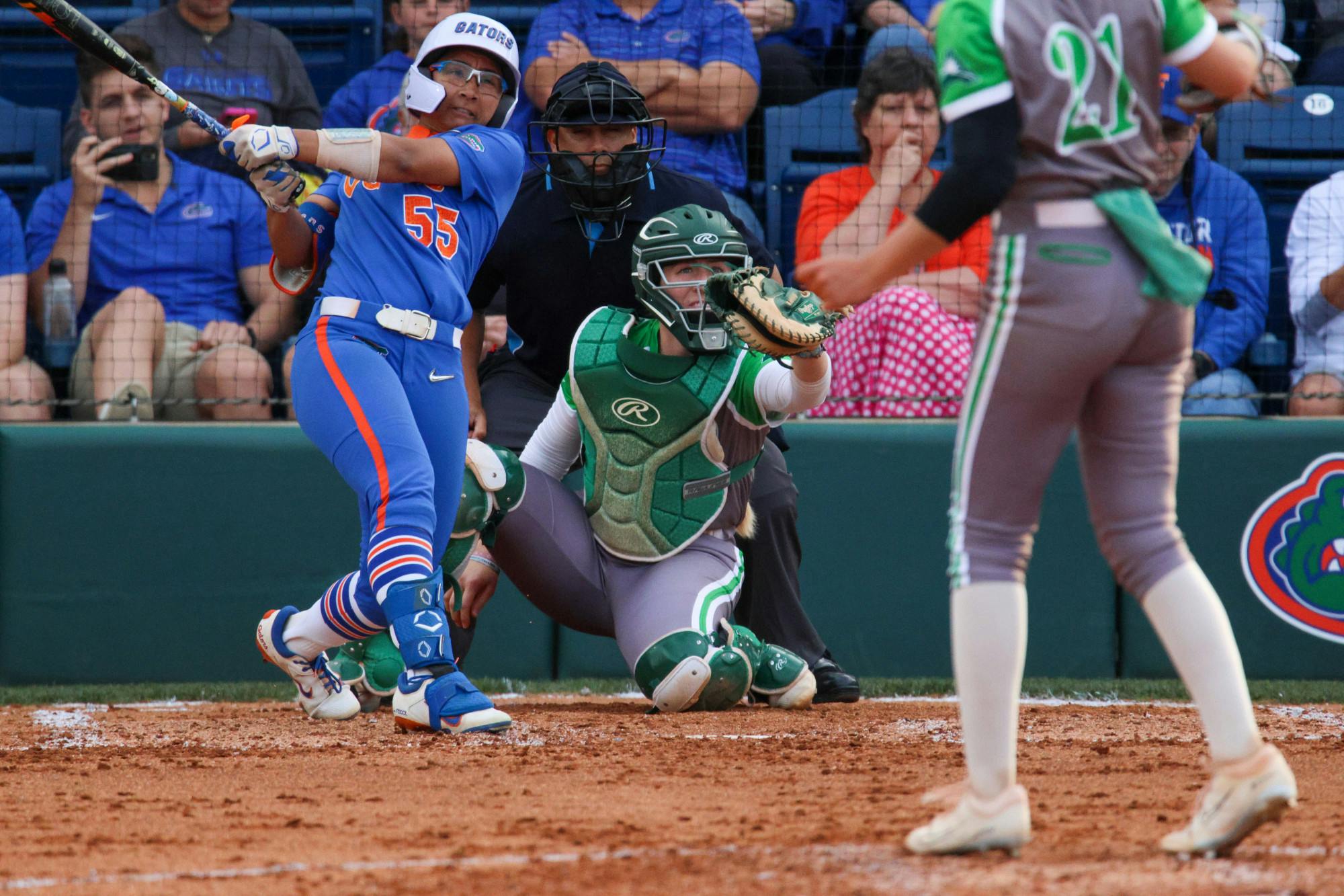 Florida utility player Pal Egan swings her bat during the Gators' 8-0 win against the Stetson Hatters Wednesday, March 29, 2023. 