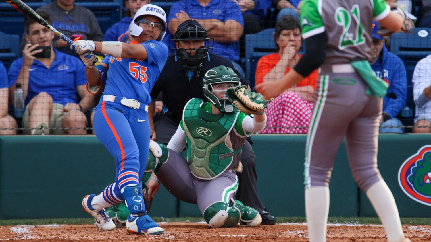 Florida utility player Pal Egan swings her bat during the Gators' 8-0 win against the Stetson Hatters Wednesday, March 29, 2023. 