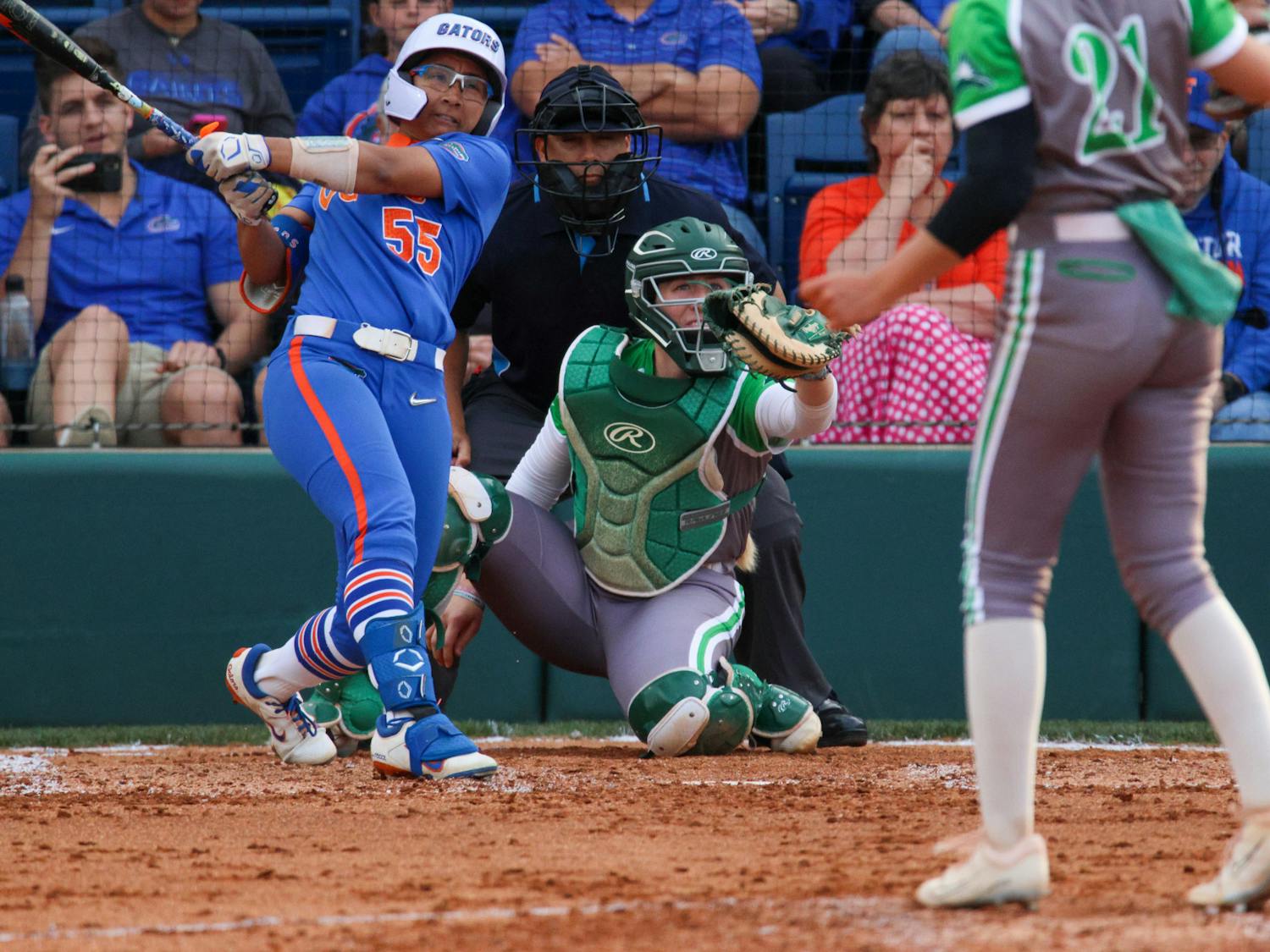 Florida utility player Pal Egan swings her bat during the Gators' 8-0 win against the Stetson Hatters Wednesday, March 29, 2023. 