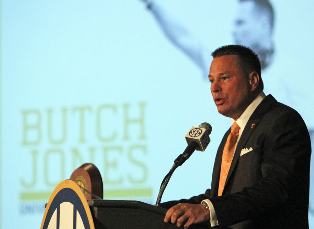 <p>Tennessee coach Butch Jones speaks to the media at the Southeastern Conference media days on Tuesday in Hoover, Ala.</p>