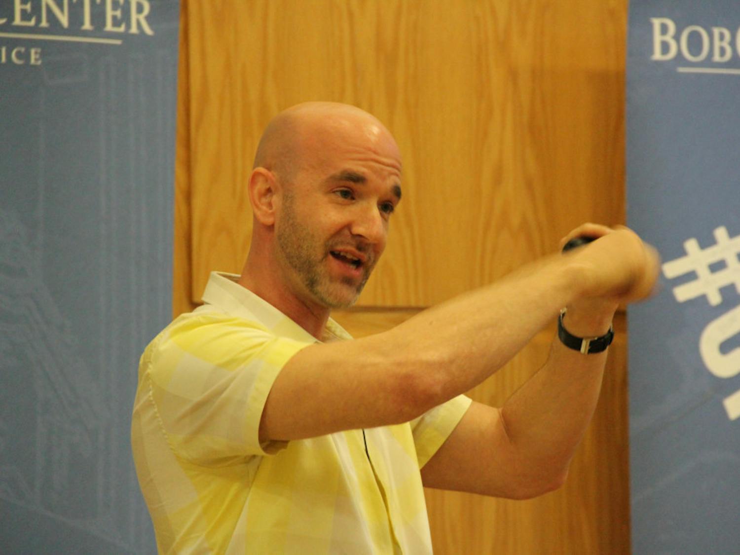 Matthew Schrier, a photojournalist who was held captive for seven months by al-Qaida, shared his story with an audience of about 70 people in Pugh Hall on Tuesday night.