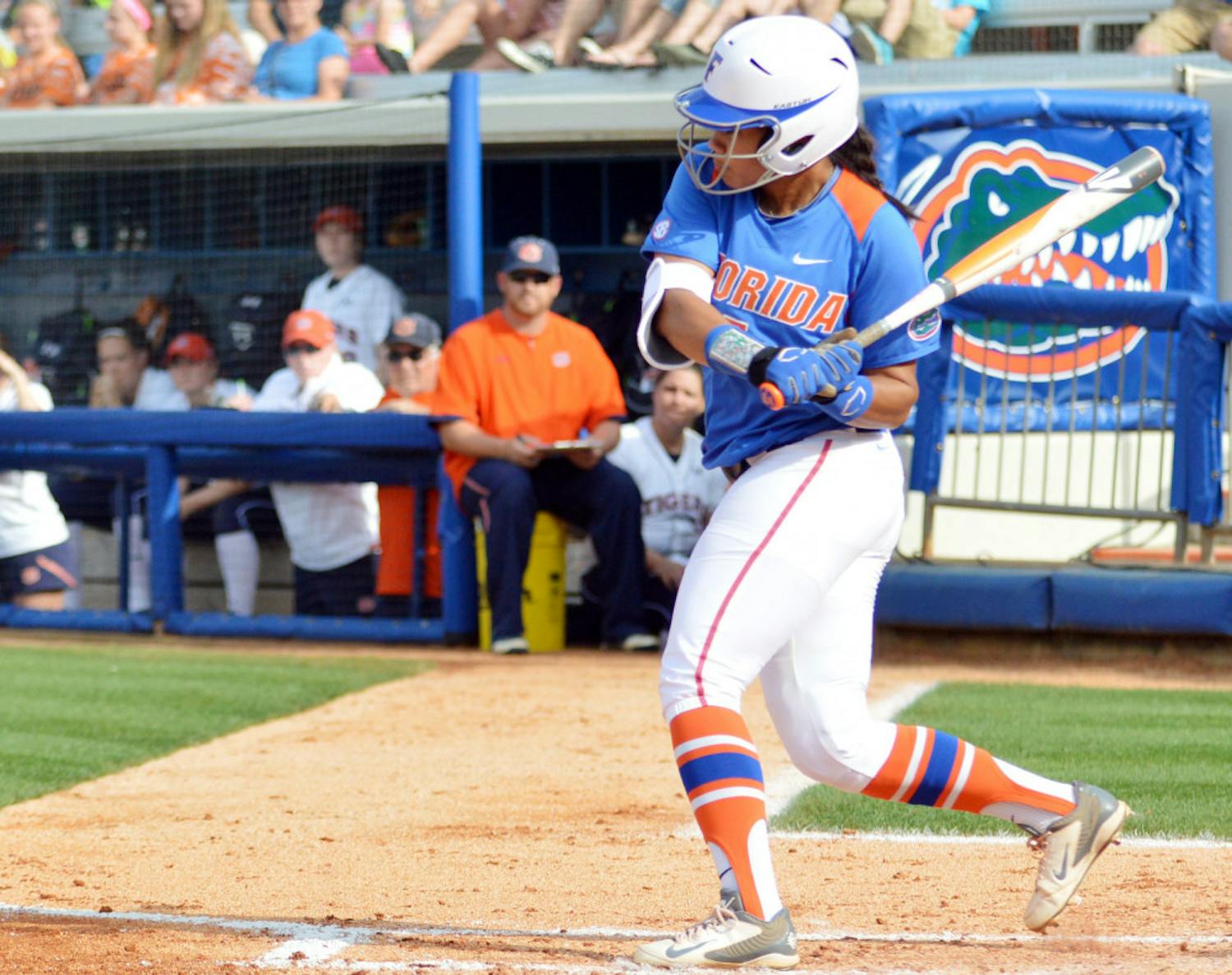 Kelsey Stewart bats during Florida's 7-6 win against Auburn on April 5 at Katie Seashole Pressly Stadium. Stewart finished her sophomore season with a team-best .438 batting average while setting UF's single-season record for hits (102) and tying her record for stolen bases (36).