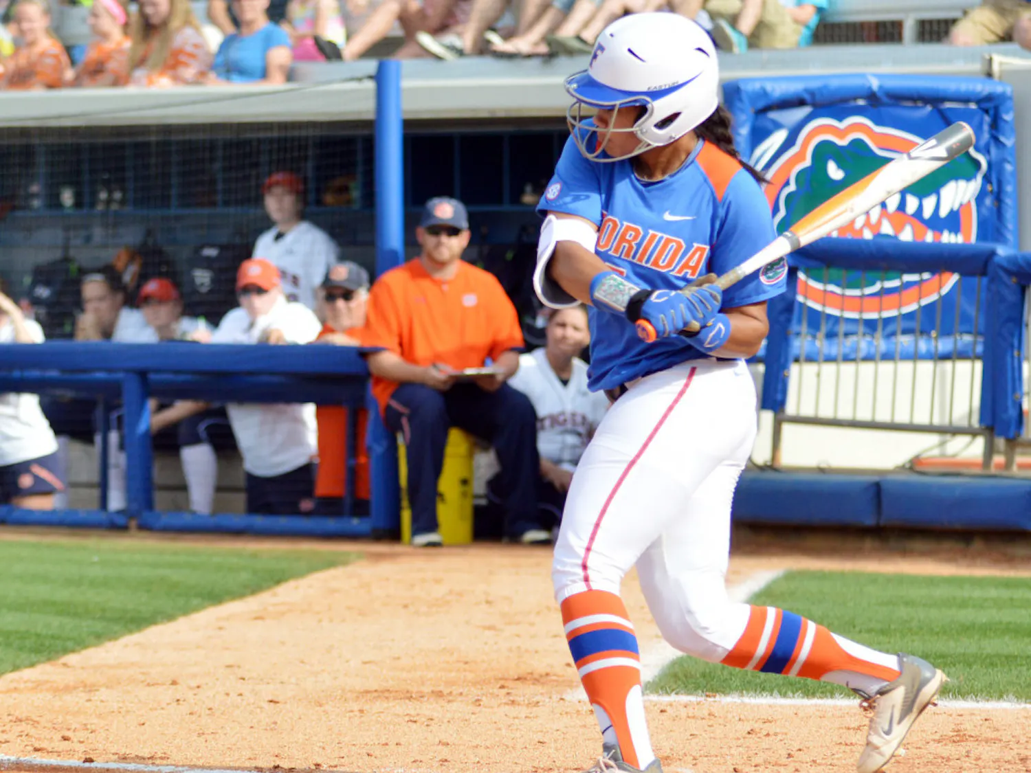 Kelsey Stewart bats during Florida's 7-6 win against Auburn on April 5 at Katie Seashole Pressly Stadium. Stewart finished her sophomore season with a team-best .438 batting average while setting UF's single-season record for hits (102) and tying her record for stolen bases (36).