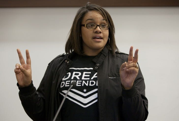 Nailah Summers, a 24-year-old philosophy senior, speaks about the repercussions of last week’s blackface incident at the Senate meeting Tuesday night in the Holland Law Center at the Levin College of Law.