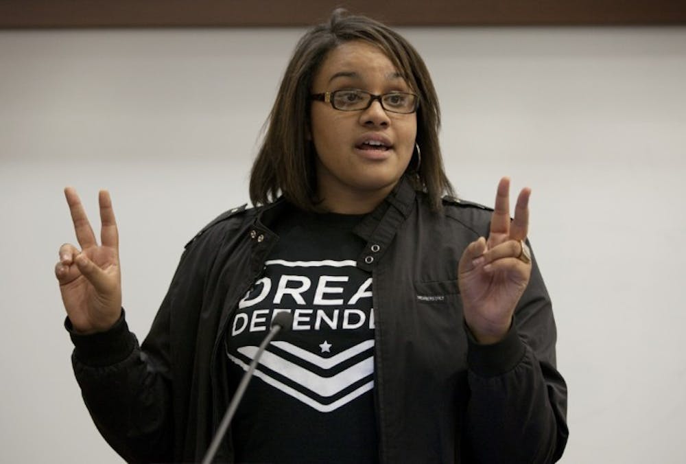 <p>Nailah Summers, a 24-year-old philosophy senior, speaks about the repercussions of last week’s blackface incident at the Senate meeting Tuesday night in the Holland Law Center at the Levin College of Law.</p>