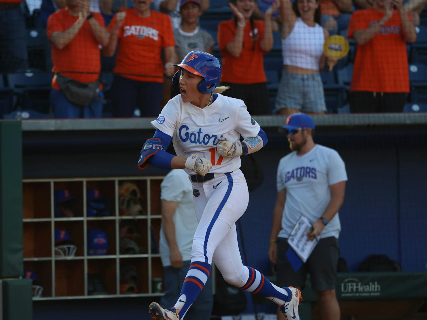Florida shortstop Skylar Wallace runs toward home plate after her first of three home runs during the Gators' 13-4 win over the Georgia Bulldogs Friday, April 14, 2023.