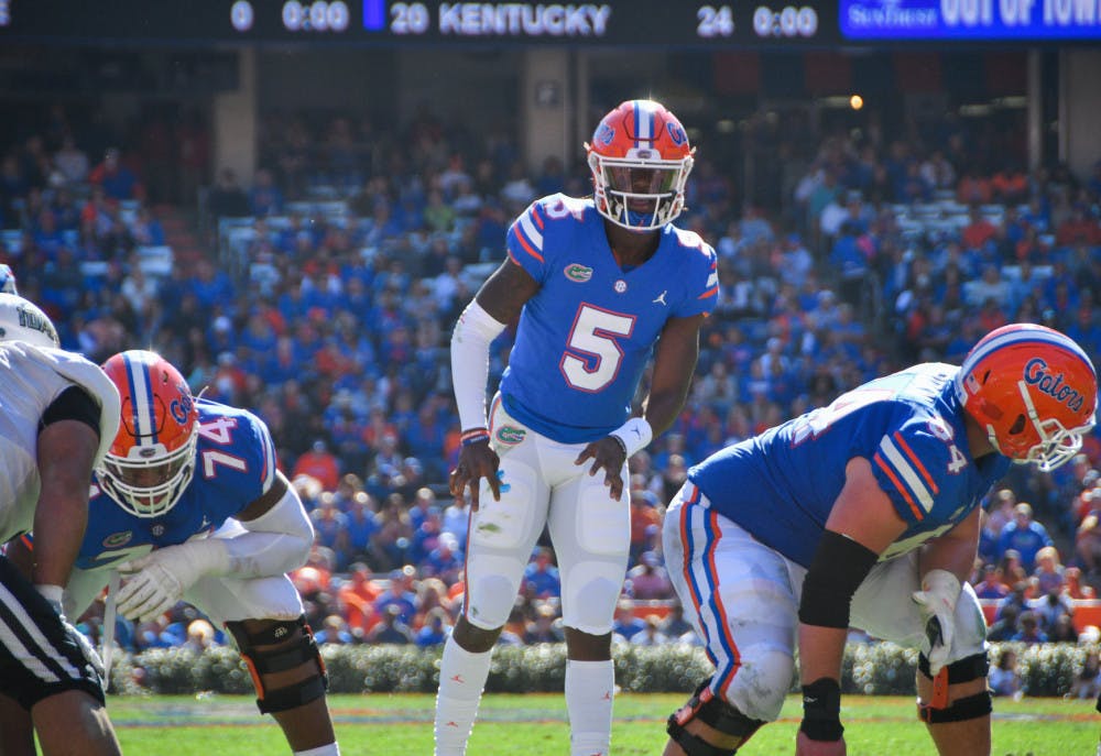 Florida quarterback Emory Jones gets ready for a play against Idaho during Florida’s 63-10 win on Nov. 17, 2018.