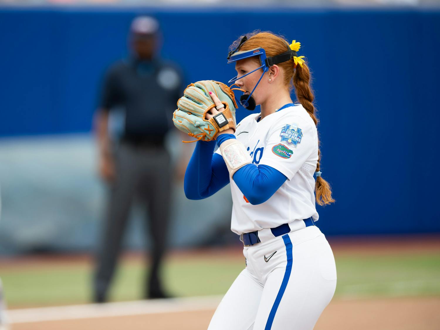 Florida Gators pitcher Katelynn Oxley (39) stares down a batter during the first game of the NCAA Women’s College World Series vs. the Texas Longhorns on Thursday, May 29, 2025, at Devon Park in Oklahoma City, Oklahoma.