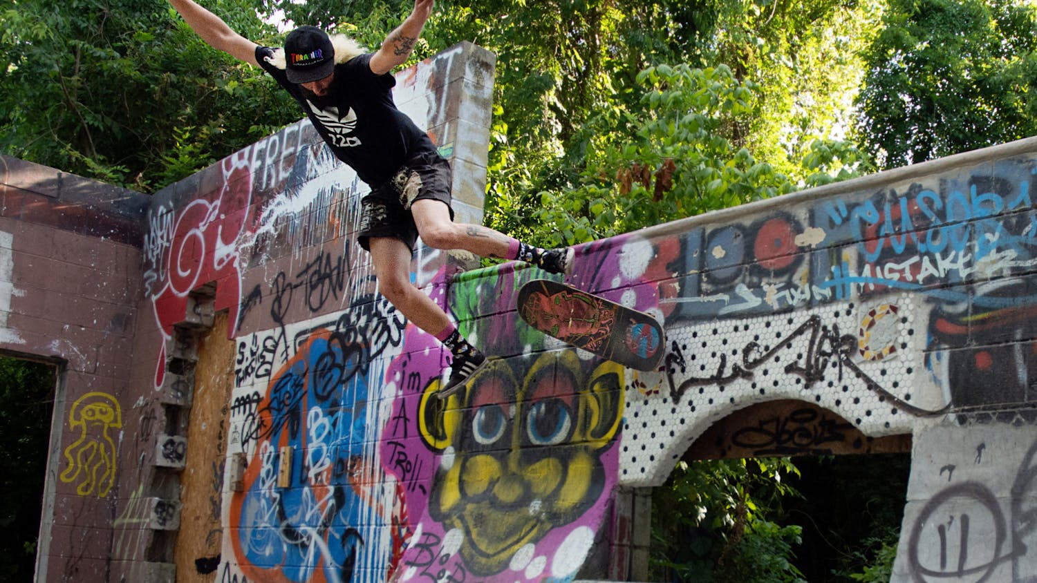 Josh Ketterer, 29, attempts a skate trick called a “50/50” at the Gentleman’s Club, a DIY skate park in Gainesville, Florida on Sunday, May 30, 2021. The skate park was built by skaters on private property and the city has ordered it to be torn down by June 20.