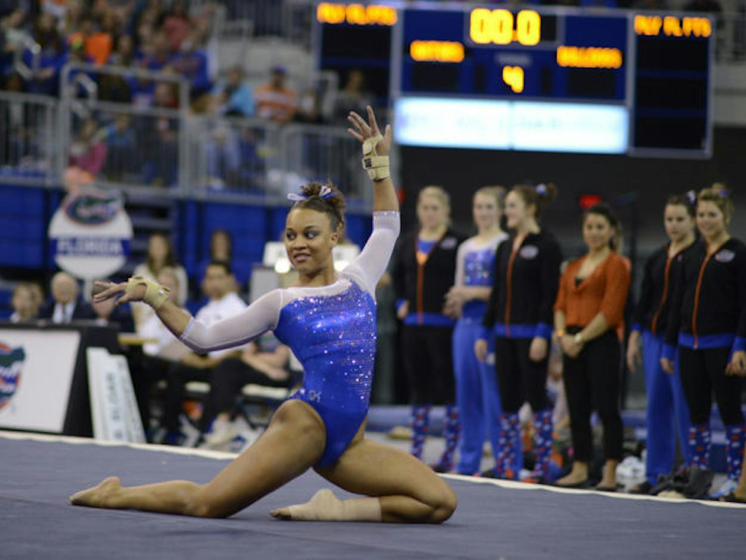 Kytra Hunter performs her floor routine on Friday in the O’Connell Center. Hunter scored a perfect 10 on the routine. Her performance followed fellow UF gymnast Bridget Sloan’s perfect floor routine — the first back-to-back 10s in an event for UF in almost 18 years.