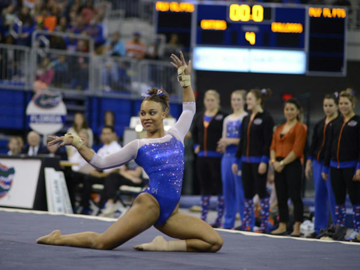 Kytra Hunter performs her floor routine on Friday in the O’Connell Center. Hunter scored a perfect 10 on the routine. Her performance followed fellow UF gymnast Bridget Sloan’s perfect floor routine — the first back-to-back 10s in an event for UF in almost 18 years.