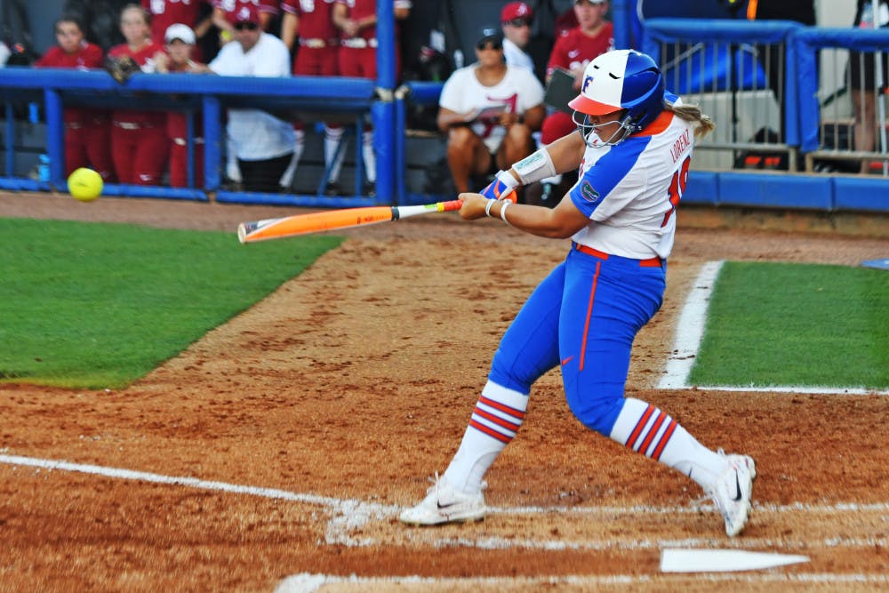 Amanda Lorenz swings during Florida’s 3-0 loss against Alabama on Thursday in game one of the NCAA Super Regional at Katie Seashole Pressly Stadium.