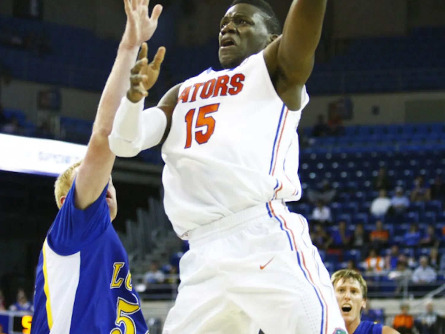 Forward Will Yeguete (15) attempts a shot in UF’s exhibition against Nebraska-Kearney on Thursday.