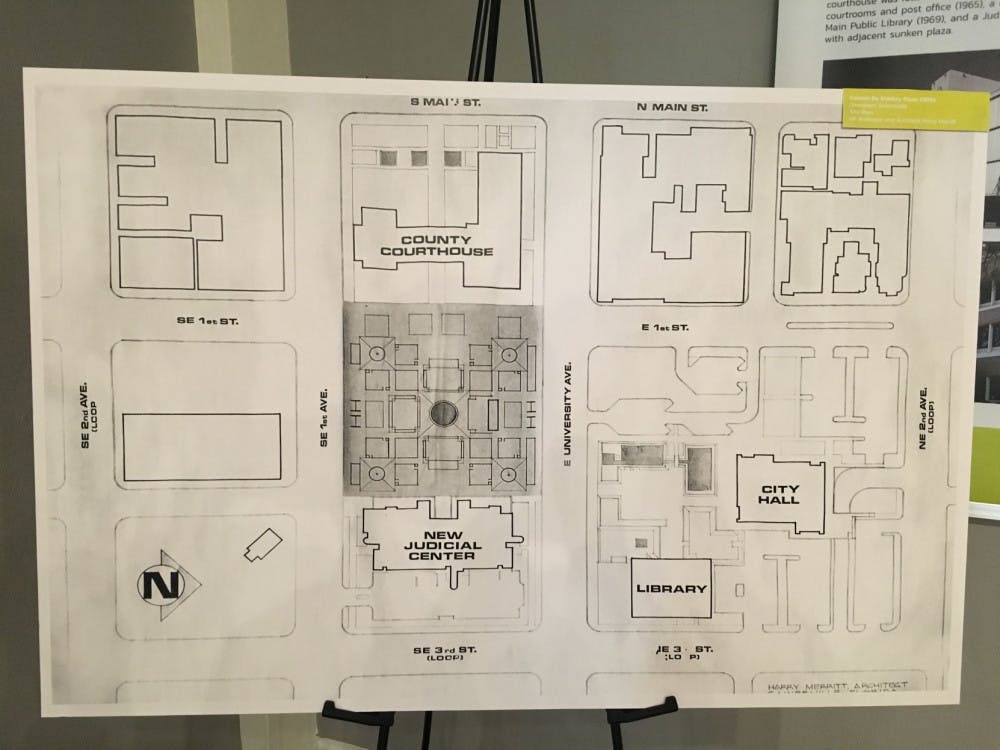The layout of the current Bo Diddley Plaza displayed during Gainesville Modern Weekend at Matheson History Museum. City Hall follows the mid-century modern architectural style and qualifies to be on either the National or Local Register of Historic Places.