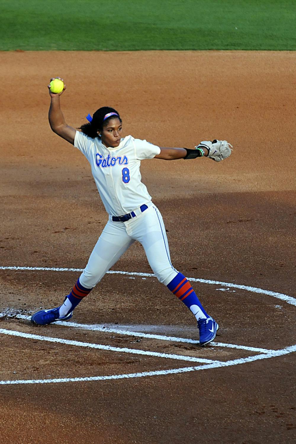<p>Aleshia Ocasio pitches in the first game of Florida's doubleheader against Jacksonville on Feb. 17, 2016, at Katie Seashole Pressly Stadium.</p>