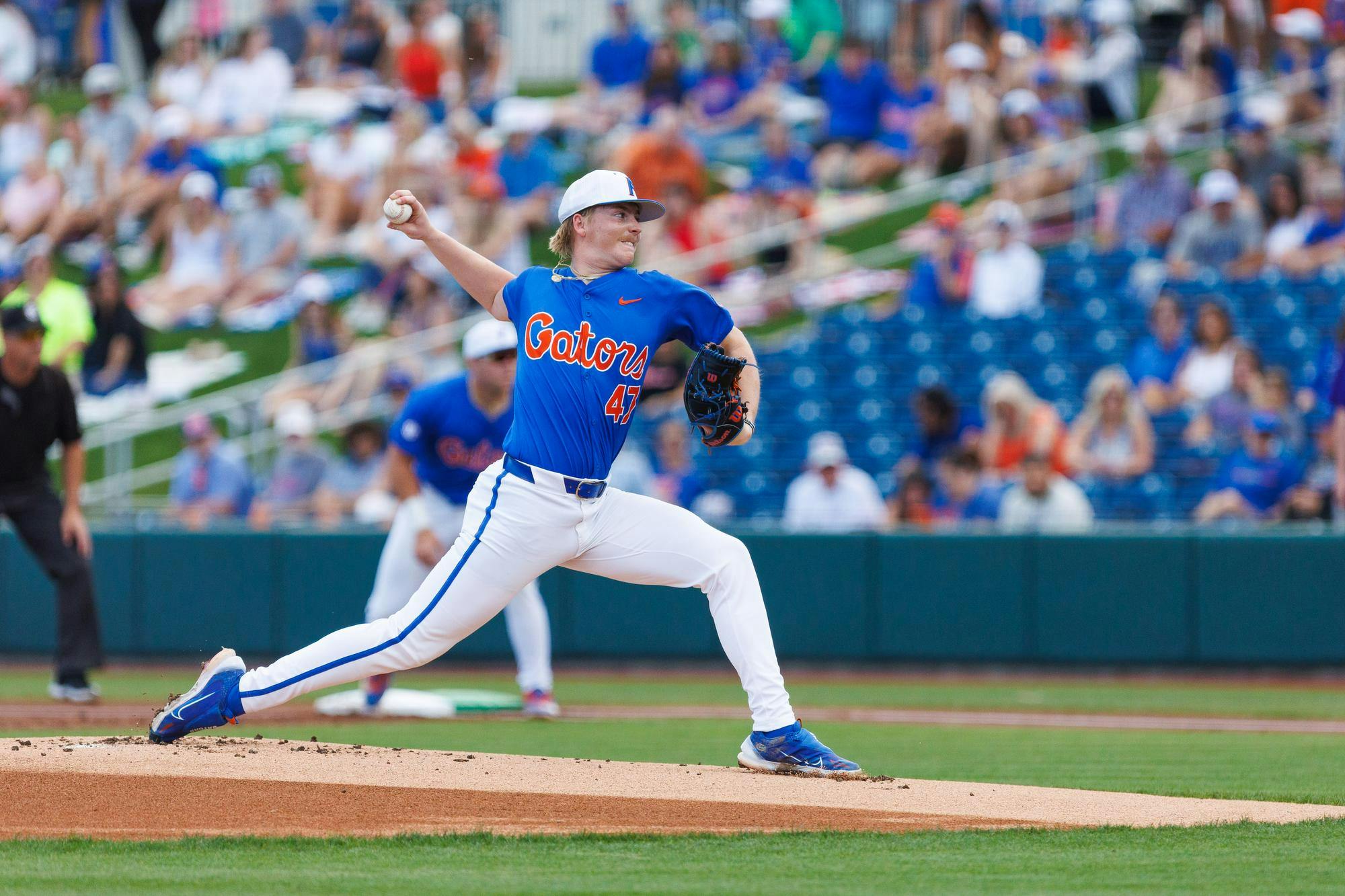 Florida Gators right handed pitcher Aidan King pitches during an NCAA Baseball game against High Point, Saturday, March 7, 2026, in Gainesville, Fla.