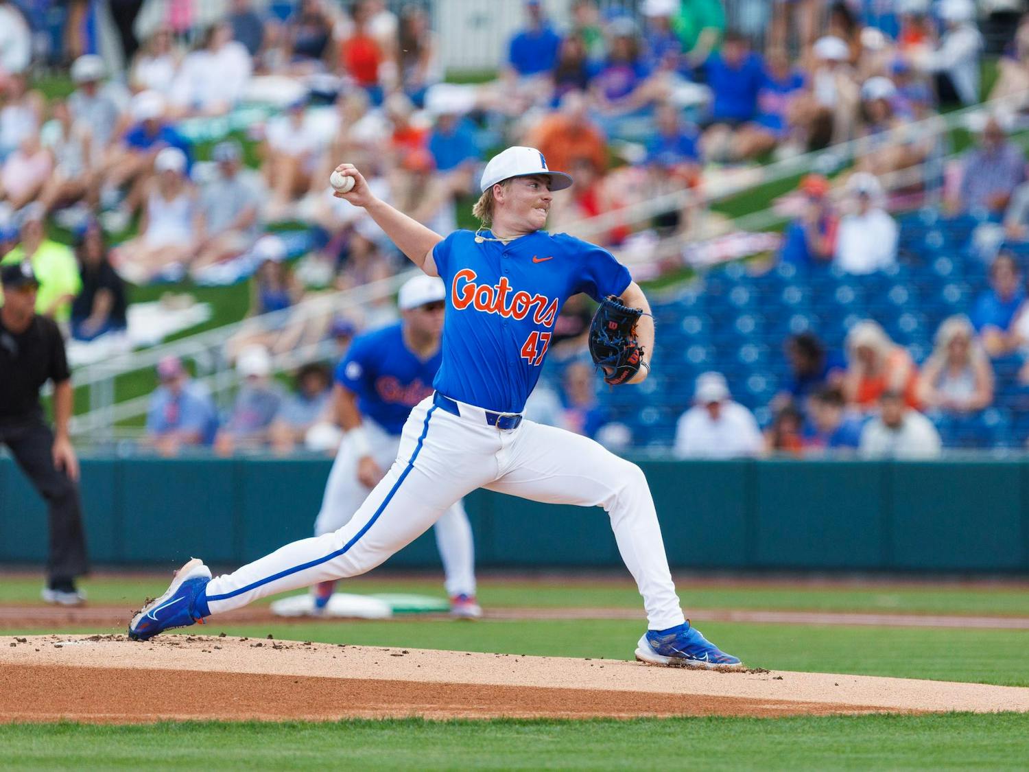 Florida Gators right handed pitcher Aidan King pitches during an NCAA Baseball game against High Point, Saturday, March 7, 2026, in Gainesville, Fla.