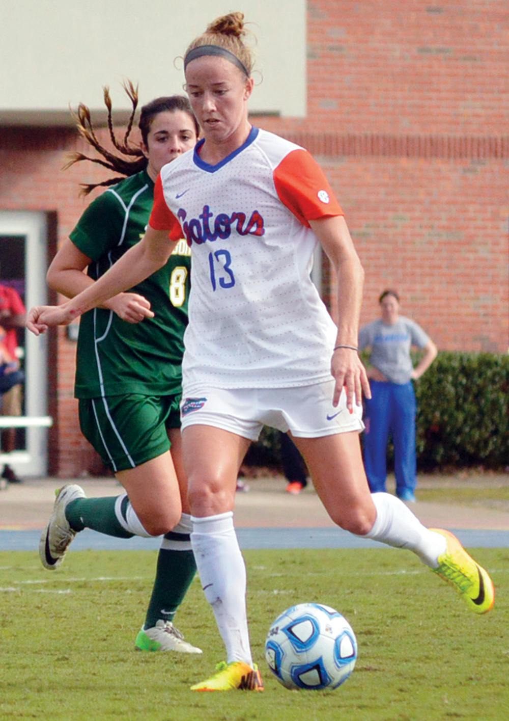 <p>Annie Speese dribbles the ball during Florida’s 2-0 victory against Jacksonville on Saturday at home.</p>