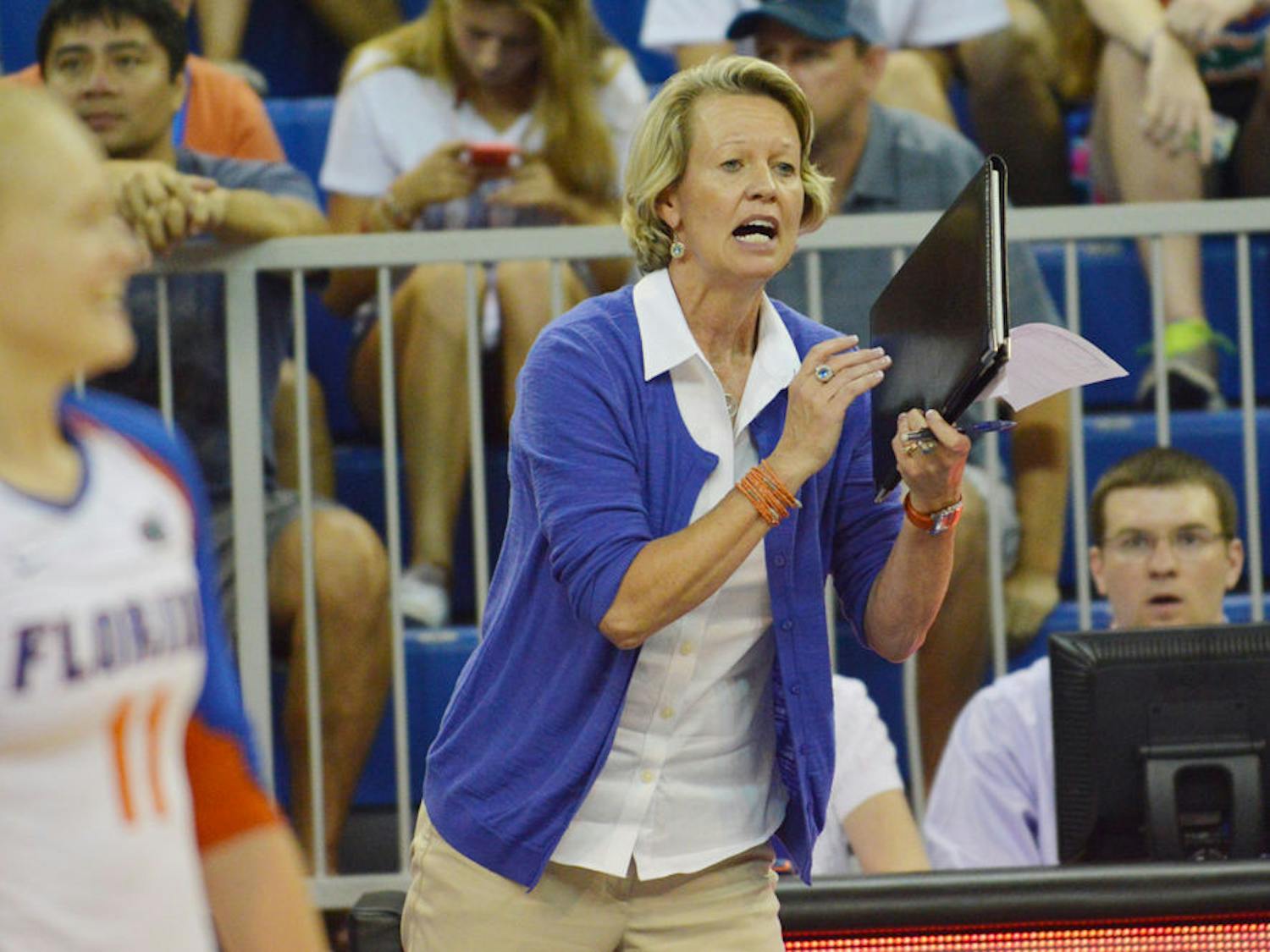 UF coach Mary Wise calls out a play during Florida's 3-2 win against Oklahoma on Aug. 30 in the O'Connell Center.