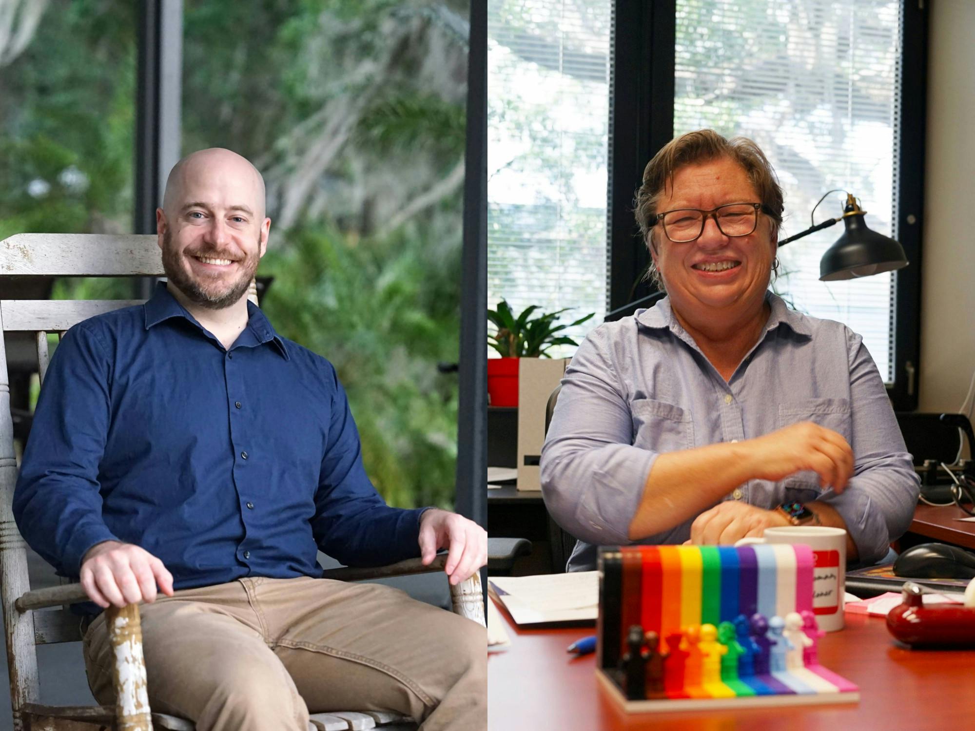 City Commissioner Casey Willits (left) sits in the pavilion behind his apartment complex and County Commissioner Mary Alford (right) sits at her office in the Alachua County Administration Building. 