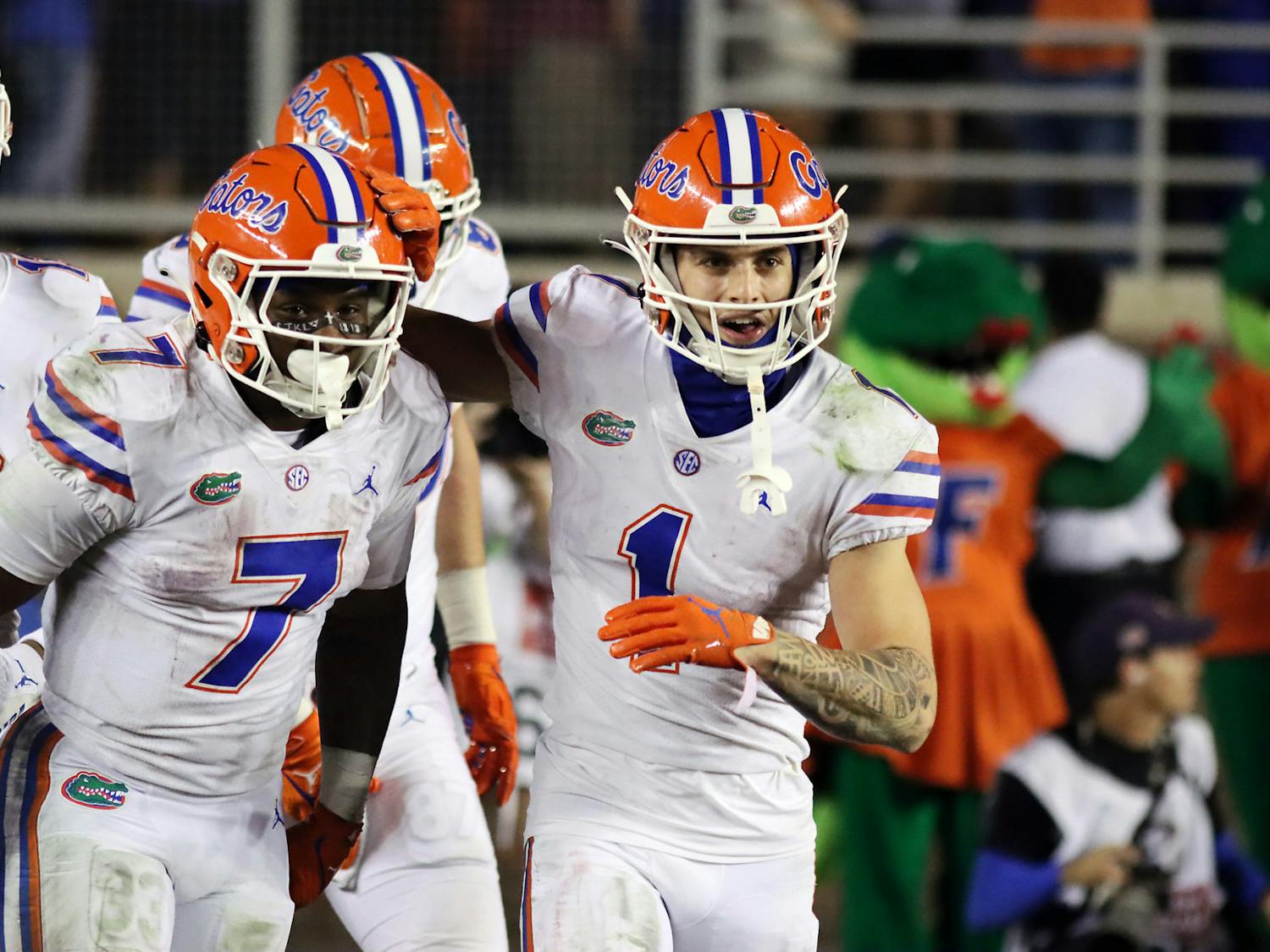Florida running back Trevor Etienne — 17 carries for 129 yards and one touchdown — and wide receiver Ricky Pearsall — five receptions for 148 yards and two touchdowns — during the Gators' loss to Florida State Friday, Nov. 25, 2022. 