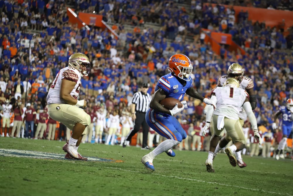 <p>Kadarius Toney at the Sunshine Showdown last season. Coach Dan Mullen has been pleased with Toney's fall camp performance in the wide receiver position.</p>