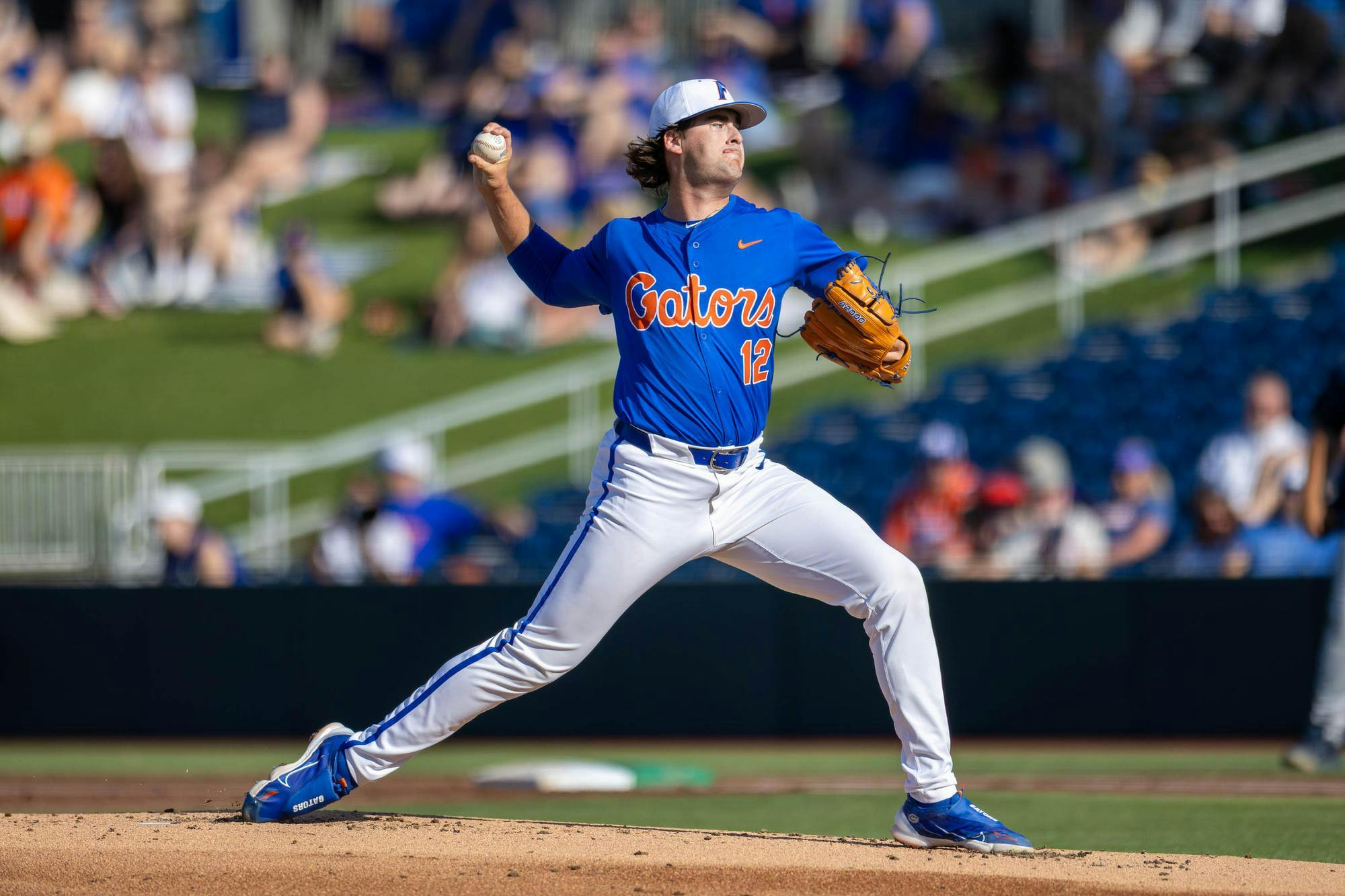 Florida right-handed pitcher Liam Peterson (12) pitches during an NCAA college baseball game against Auburn at Condron Family Ballpark in Gainesville, Fla., Friday, April 17, 2026.