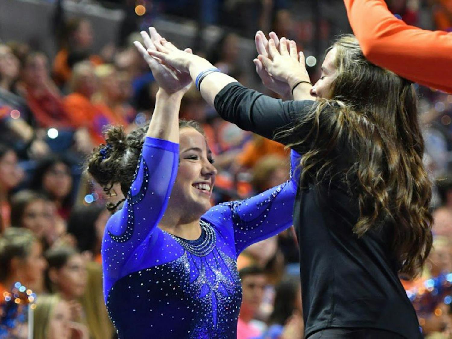 UF gymnast Amelia Hundley celebrates during Florida's win over Kentucky on Jan. 13, 2017, in the O'Connell Center.&nbsp;