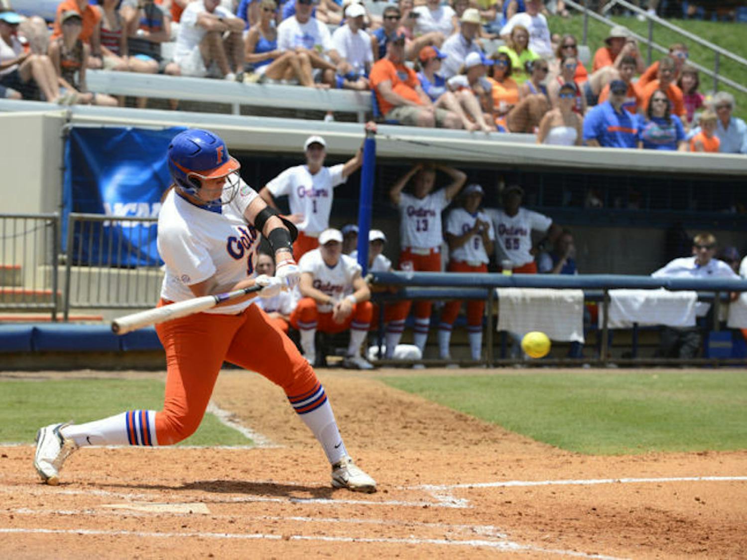 Lauren Haeger swings at a pitch during Florida’s 11-1 win against USF on May 18, 2013, at Katie Seashole Pressly Stadium.