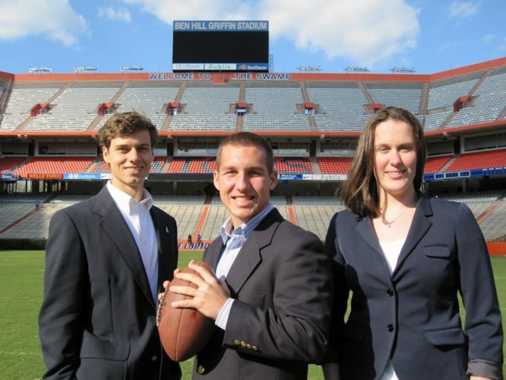 <p>Students Party executive candidates, Alex Cornillie, Jesse Schmitt and Carly Wilson, pose for a campaign photo.</p>