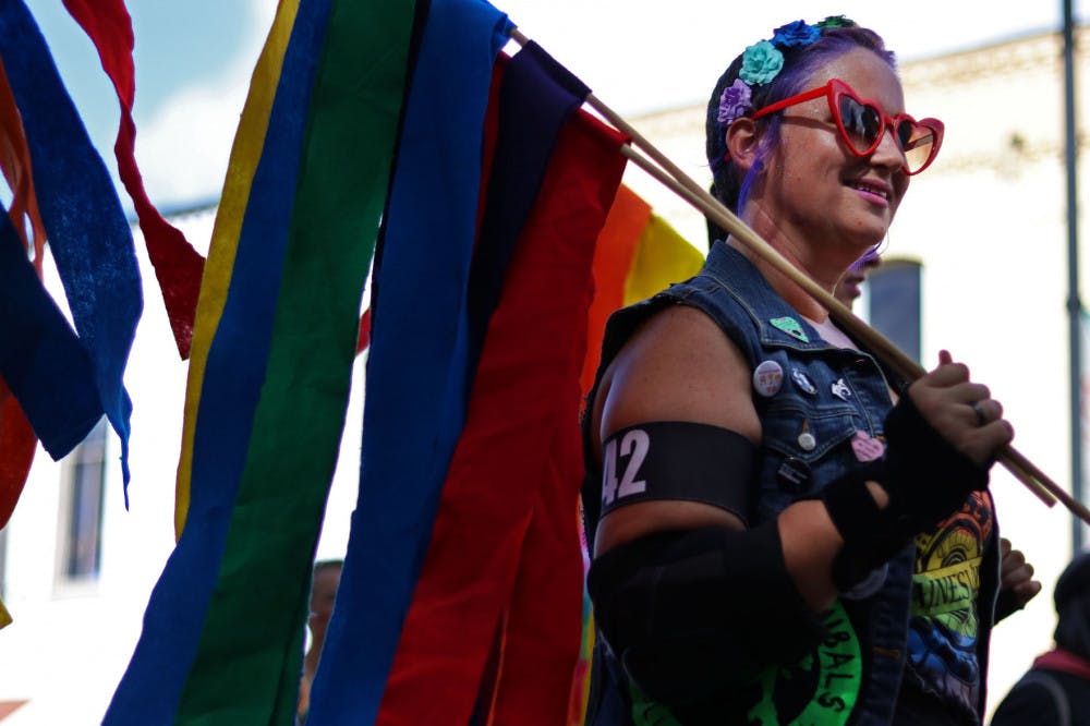 Jackie Korpela, known as Haley’s Vomit, a member of the Ocala Cannibals Roller Derby team, skates Saturday in the Gainesville Pride Parade that marched down University Avenue and ended at Bo Diddley Plaza.
Correction: This caption has been updated to reflect the name of Korpela.&nbsp;