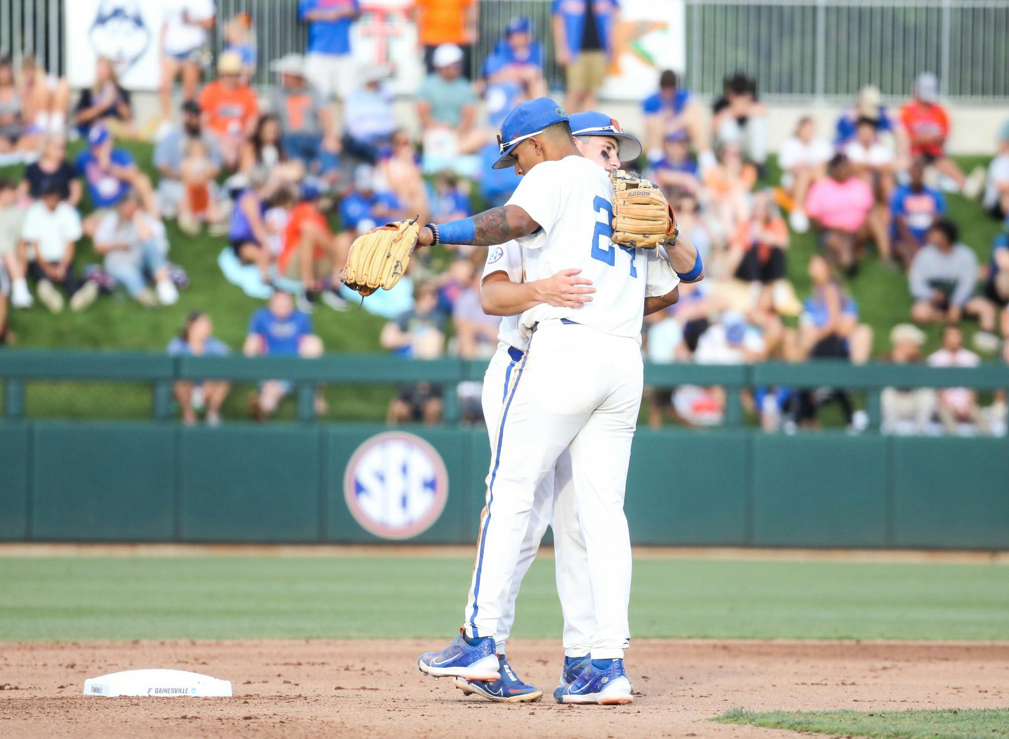 Florida infielders Cade Kurland and Josh Rivera embrace during the Gators' 3-0 win against Florida A&M Friday, June 2, 2023.