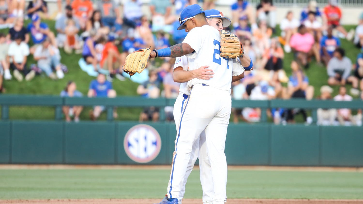 Florida infielders Cade Kurland and Josh Rivera embrace during the Gators' 3-0 win against Florida A&M Friday, June 2, 2023.