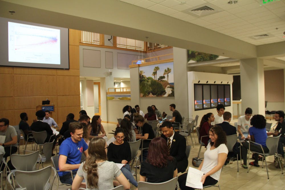 About 40 students sit and discuss topics on voter suppression. Students spoke about topics like personal experiences with voter suppression, the problems with voter ID laws and more.