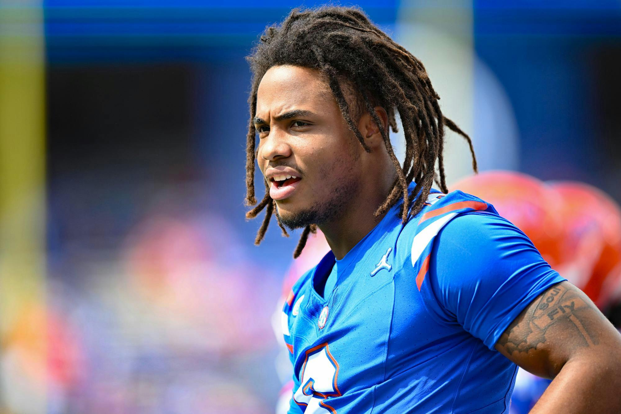 Florida Gators wide receiver Dallas Wilson (6) during warmups before a football game between the South Florida Bulls and the Florida Gators on Sept. 6, 2025, at Ben Hill Griffin Stadium in Gainesville, Fla.
