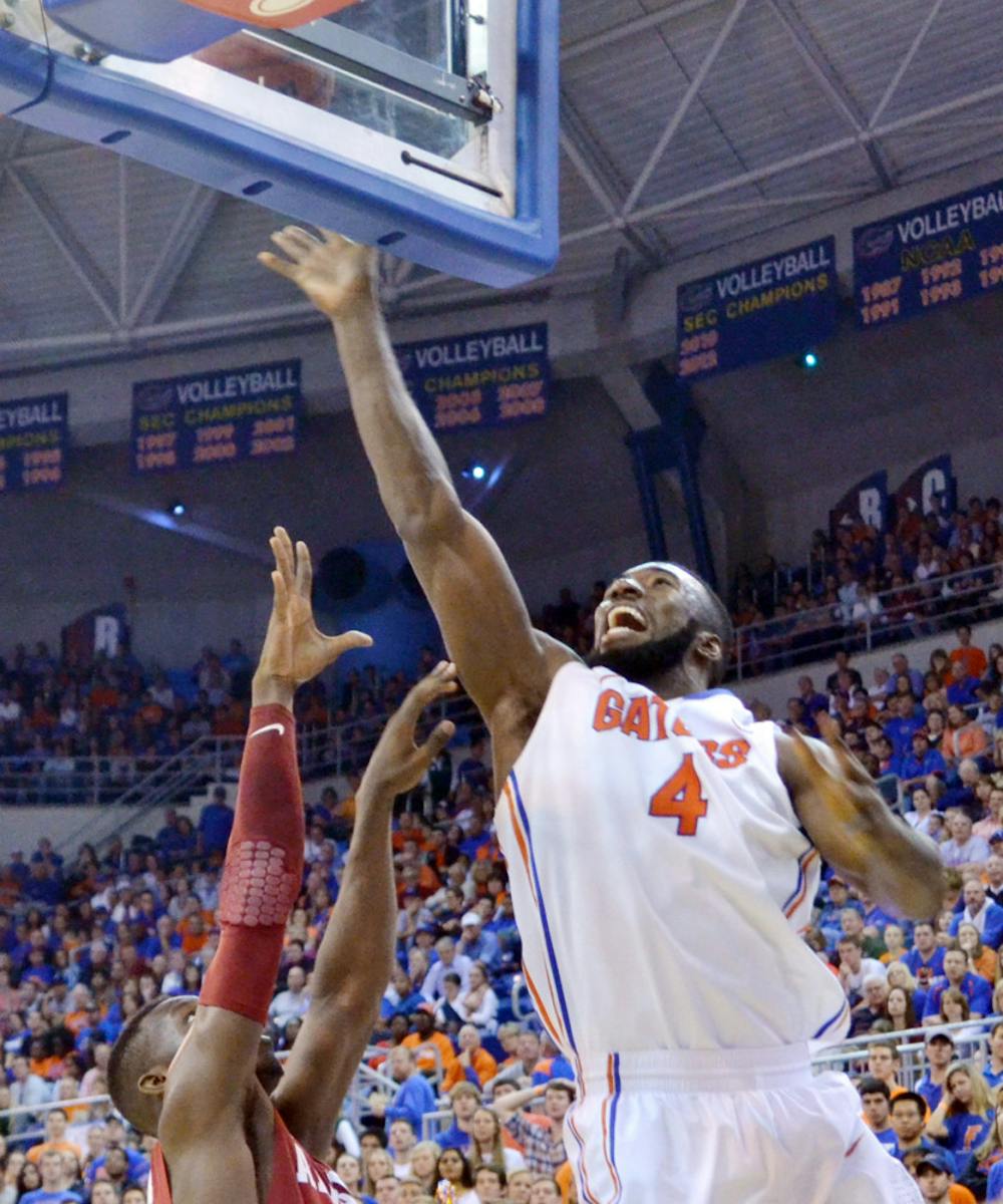 <p>Patric Young attempts a layup during Florida’s 78-69 win against Alabama on Feb. 8 in the O’Connell Center.</p>