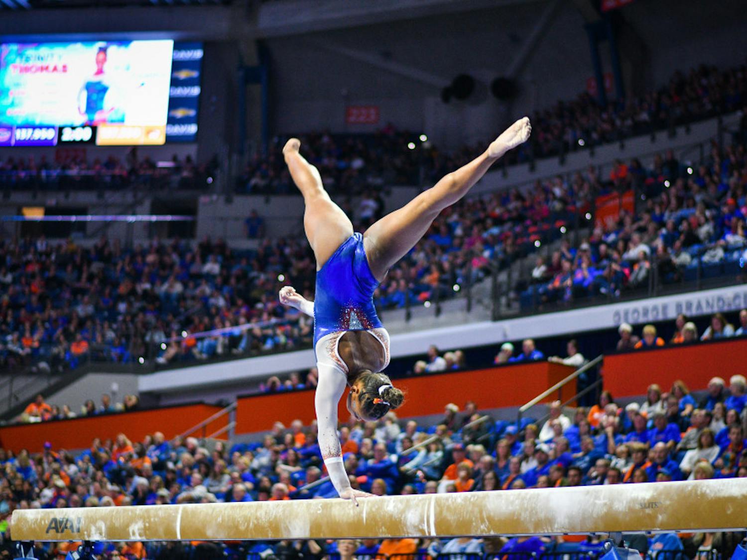 UF gymnast Trinity Thomas performs her beam routine against Missouri on Jan. 11. She scored a 9.850 for her performance.