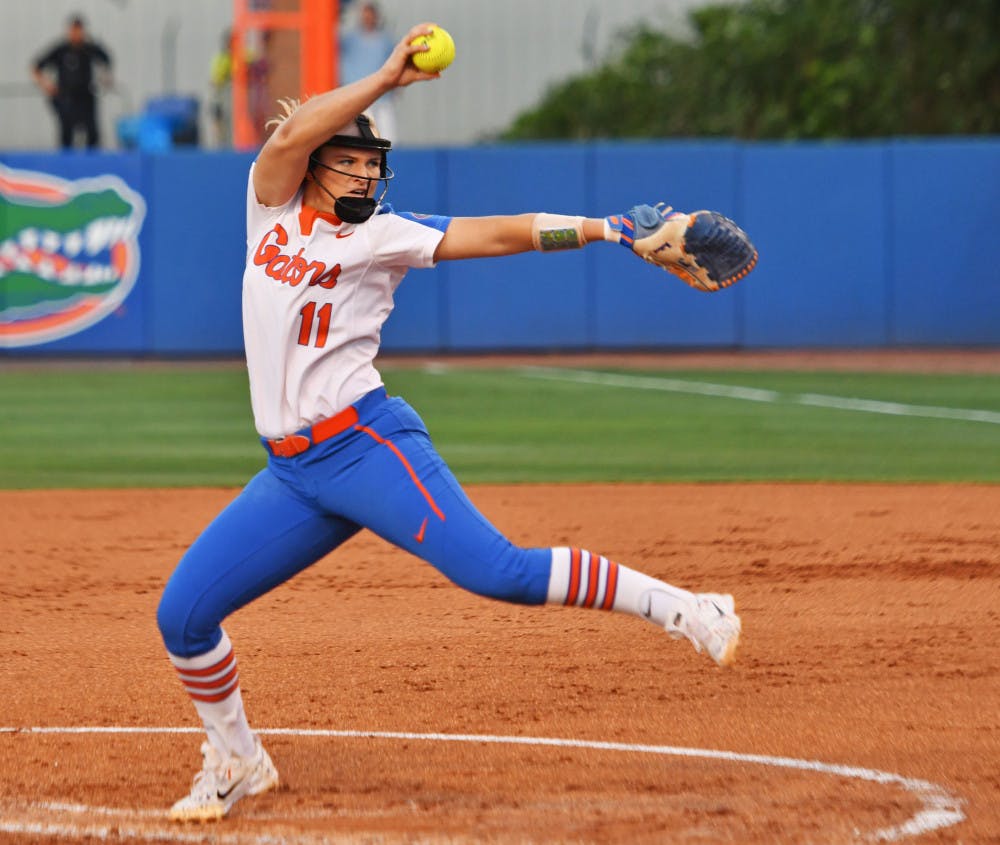 <p>UF pitcher Kelly Barnhill pitches during Florida's 3-0 loss against Alabama in the first game of the NCAA Super Regional on May 25, 2017, at Katie Seashole Pressly Stadium.</p>