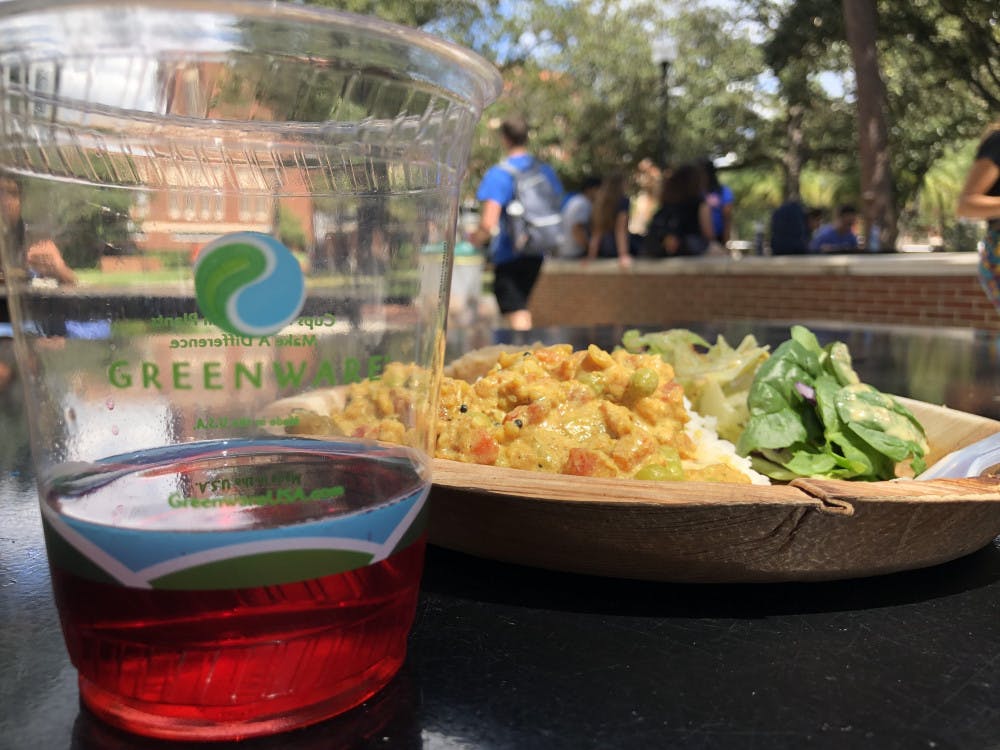 Krishna Lunch is served using all compostable materials, including cups, plates, forks and napkins. It will serve tea in plastic compost able cups until its usual paper cups are back in stock. 