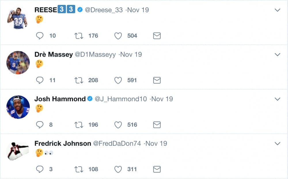 Over the course of a little bit more than an hour on Sunday night, over 30 members of UF's football team posted a barrage of cryptic, mysterious tweets featuring only the thinking face emoji.