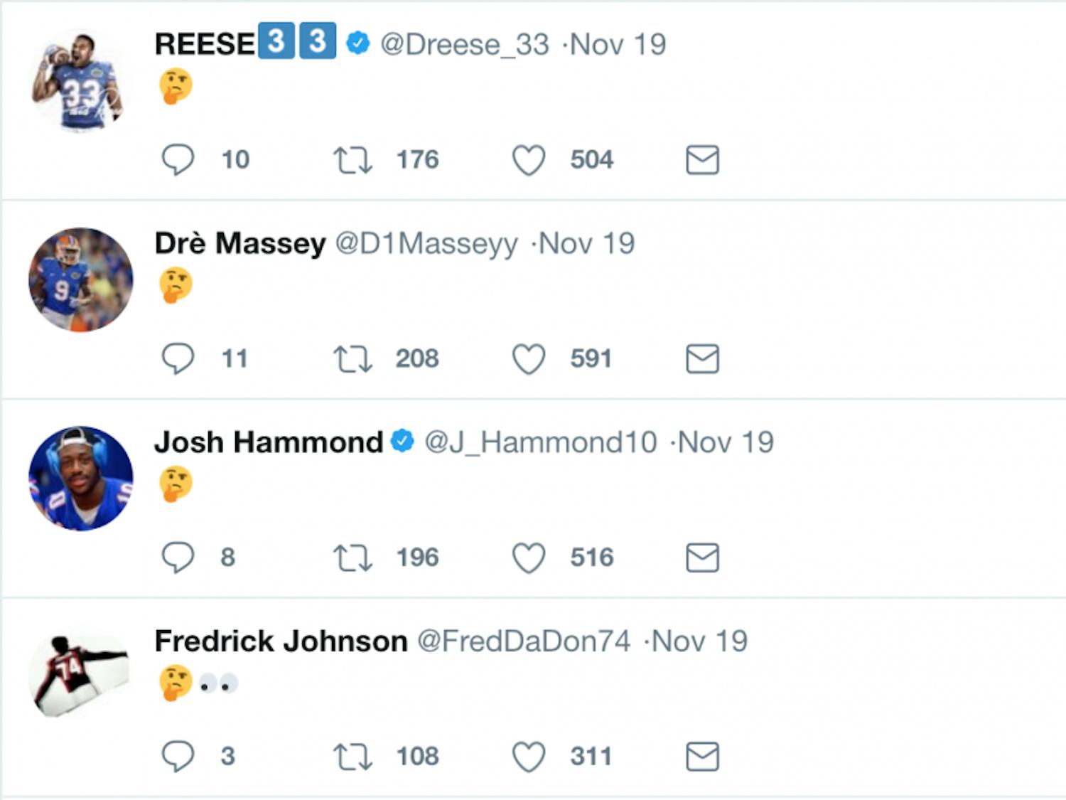 Over the course of a little bit more than an hour on Sunday night, over 30 members of UF's football team posted a barrage of cryptic, mysterious tweets featuring only the thinking face emoji.