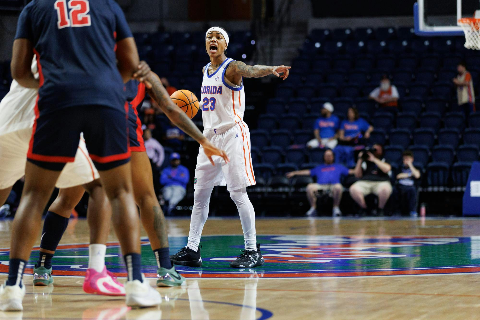 Florida guard Liv McGill (23) holds the ball during the third quarter of an NCAA basketball game against Ole Miss, Thursday, Feb.26, 2026, in Gainesville, Fla.