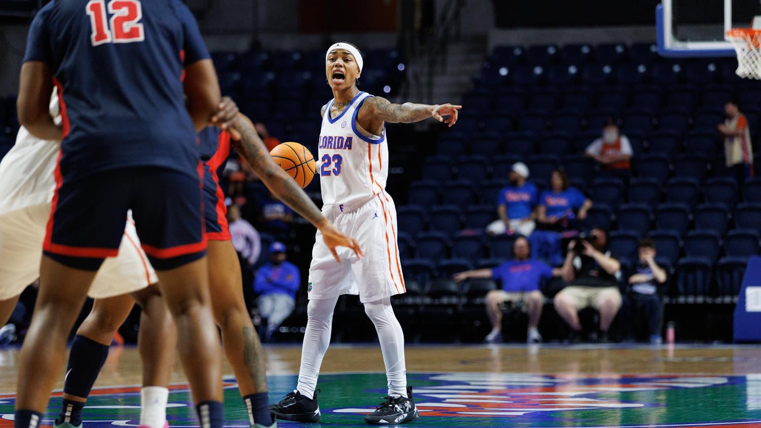 Florida guard Liv McGill (23) holds the ball during the third quarter of an NCAA basketball game against Ole Miss, Thursday, Feb.26, 2026, in Gainesville, Fla.