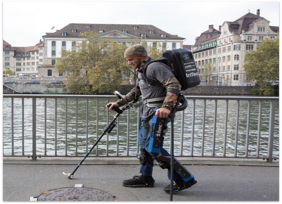 Mark Daniel, a complete paraplegic, uses the Quix prototype on the cobblestone streets of Zurich, Switzerland. Daniel is the official tester for the exoskeletons developed by Myolyn and the Institute for Human and Machine Cognition. Courtesy to The Alligator.