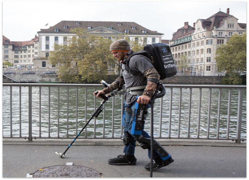 <p dir="ltr"><span>Mark Daniel, a complete paraplegic, uses the Quix prototype on the cobblestone streets of Zurich, Switzerland. Daniel is the official tester for the exoskeletons developed by Myolyn and the Institute for Human and Machine Cognition. Courtesy to The Alligator.</span></p>